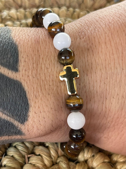 Natural Tiger Eye and White Malaysia Jade Beads with Stainless Steel Gold Cross - Stretchy Bracelet - Round Beads Natural Stone Bracelet