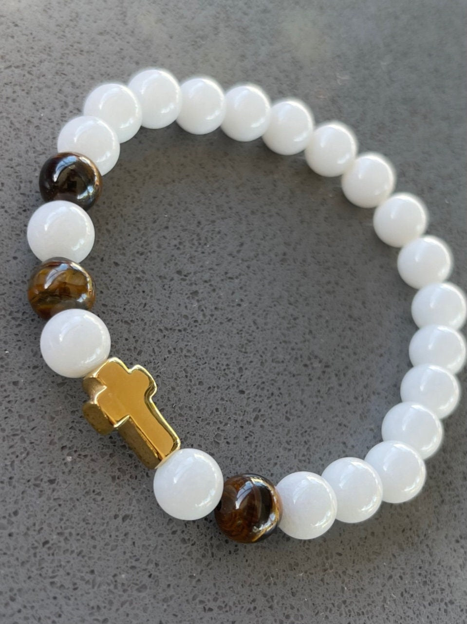 Natural Tiger Eye and White Malaysia Jade Beads with Stainless Steel Gold Cross - Stretchy Bracelet - Round Beads Natural Stone Bracelet
