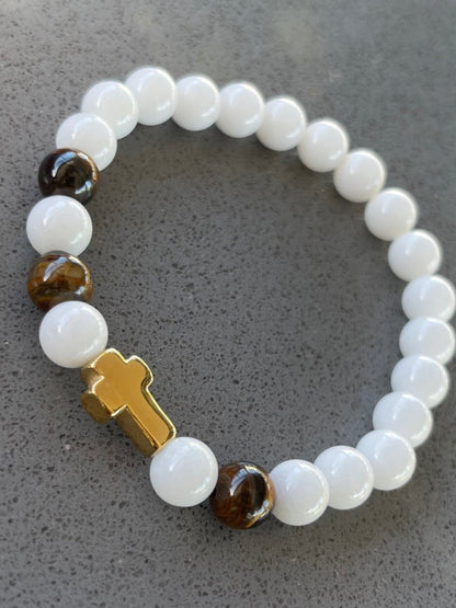 Natural Tiger Eye and White Malaysia Jade Beads with Stainless Steel Gold Cross - Stretchy Bracelet - Round Beads Natural Stone Bracelet