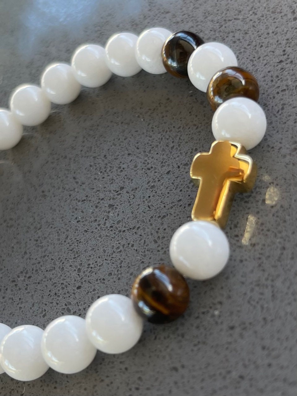 Natural Tiger Eye and White Malaysia Jade Beads with Stainless Steel Gold Cross - Stretchy Bracelet - Round Beads Natural Stone Bracelet