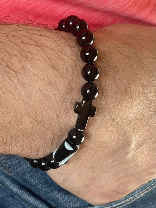 Handmade Natural Black Onyx Bracelet - Stainless Steel Black Cross - Agate Column Sandy Brown - Natural Gemstone Beads Bracelet