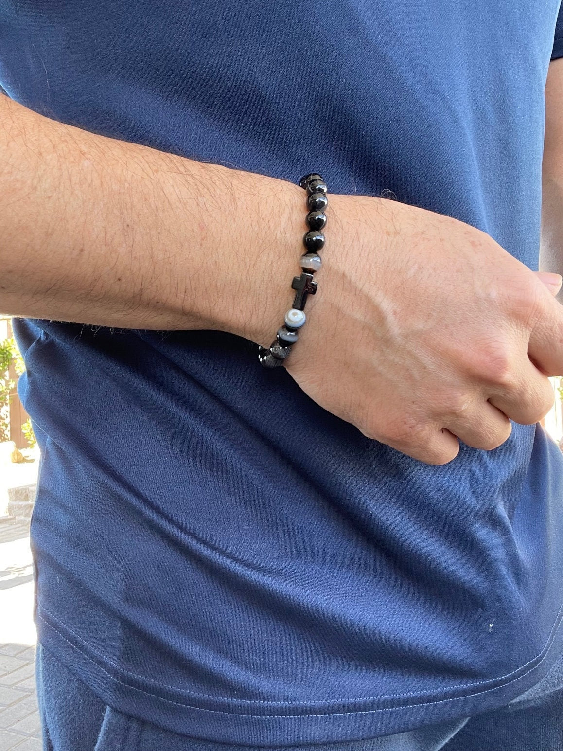 Handmade Natural Black Onyx Bracelet - Stainless Steel Black Cross - Agate Column Sandy Brown - Natural Gemstone Beads Bracelet
