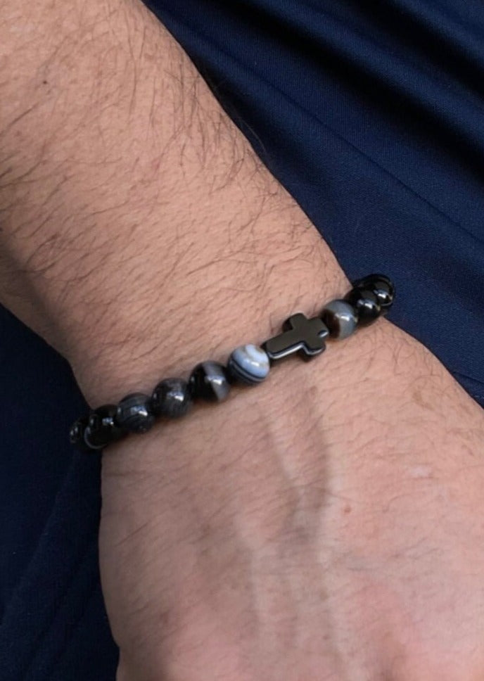 Handmade Natural Black Onyx Bracelet - Stainless Steel Black Cross - Agate Column Sandy Brown - Natural Gemstone Beads Bracelet