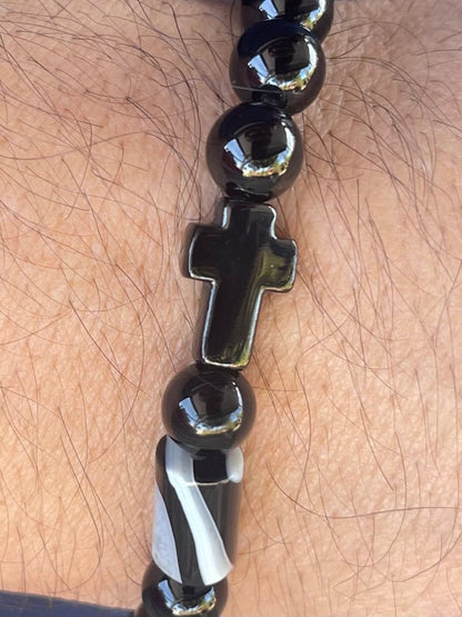 Handmade Natural Black Onyx Bracelet - Stainless Steel Black Cross - Agate Column Sandy Brown - Natural Gemstone Beads Bracelet