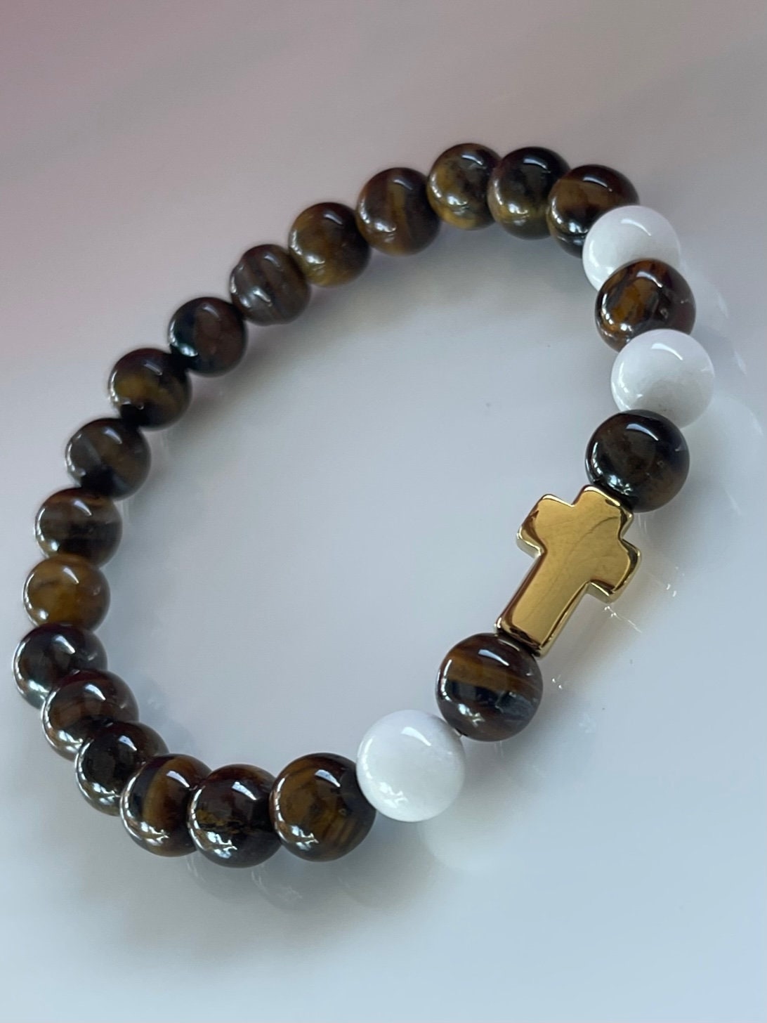 Natural Tiger Eye and White Malaysia Jade Beads with Stainless Steel Gold Cross - Stretchy Bracelet - Round Beads Natural Stone Bracelet