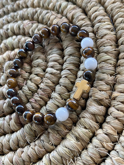 Natural Tiger Eye and White Malaysia Jade Beads with Stainless Steel Gold Cross - Stretchy Bracelet - Round Beads Natural Stone Bracelet
