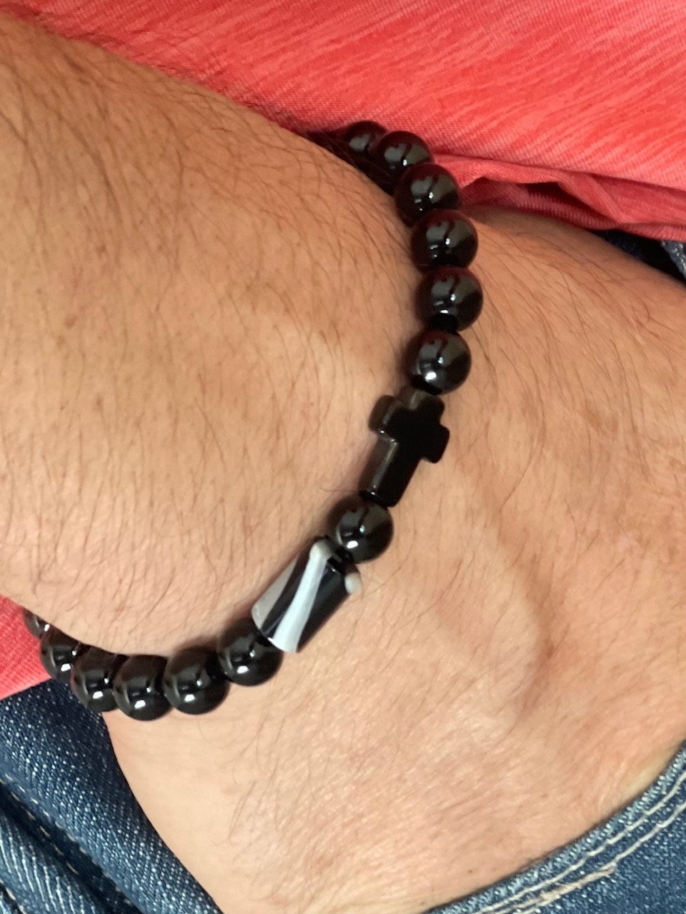 Handmade Natural Black Onyx Bracelet - Stainless Steel Black Cross - Agate Column Sandy Brown - Natural Gemstone Beads Bracelet