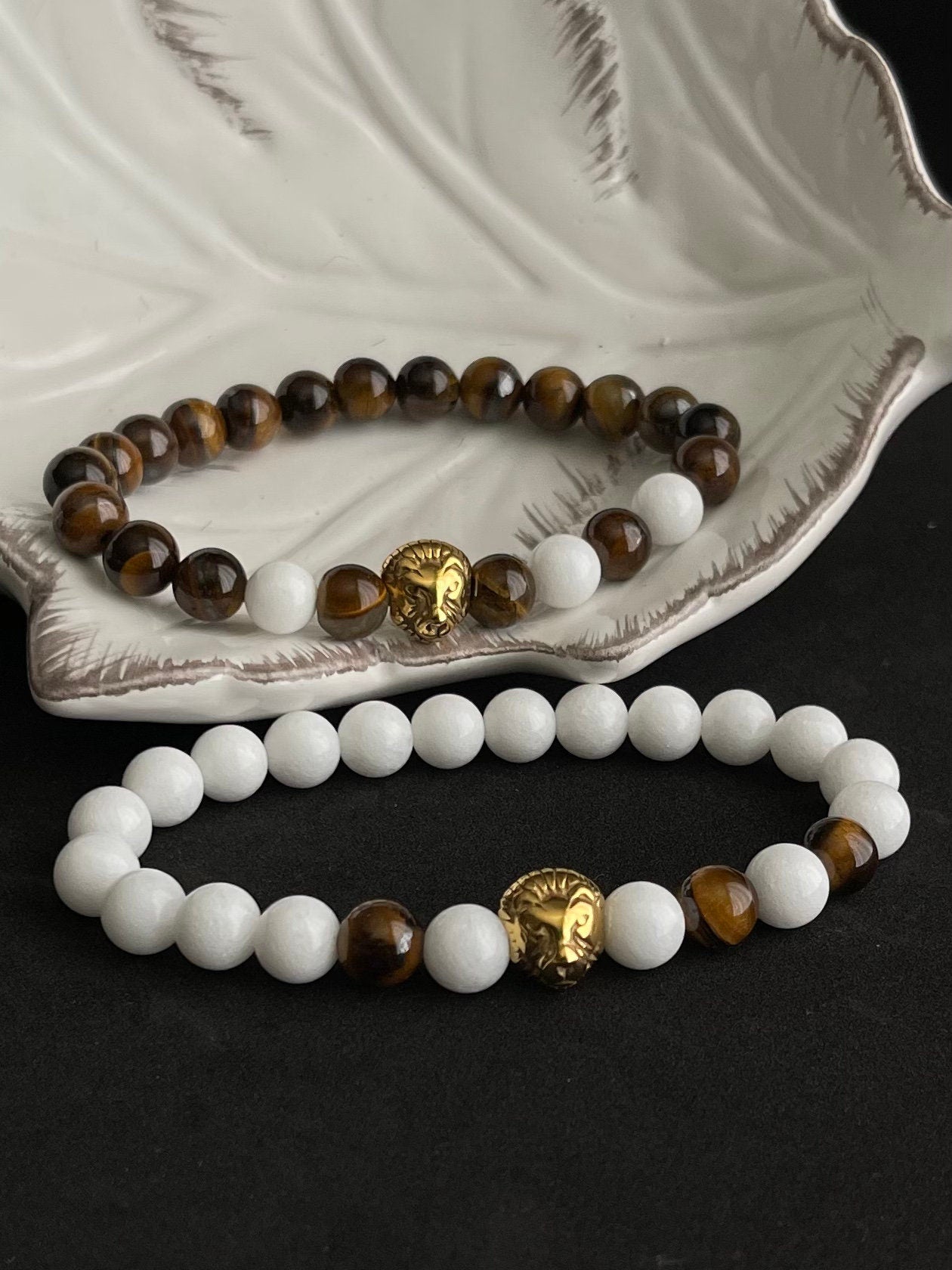 Unisex Beautiful Stainless steel Gold plated Lion - Tiger Eye with Malaysia white beads - Men’s - Woman