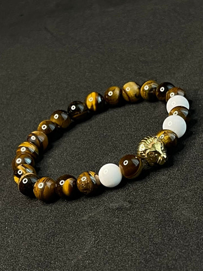 Unisex Beautiful Stainless steel Gold plated Lion - Tiger Eye with Malaysia white beads - Men’s - Woman