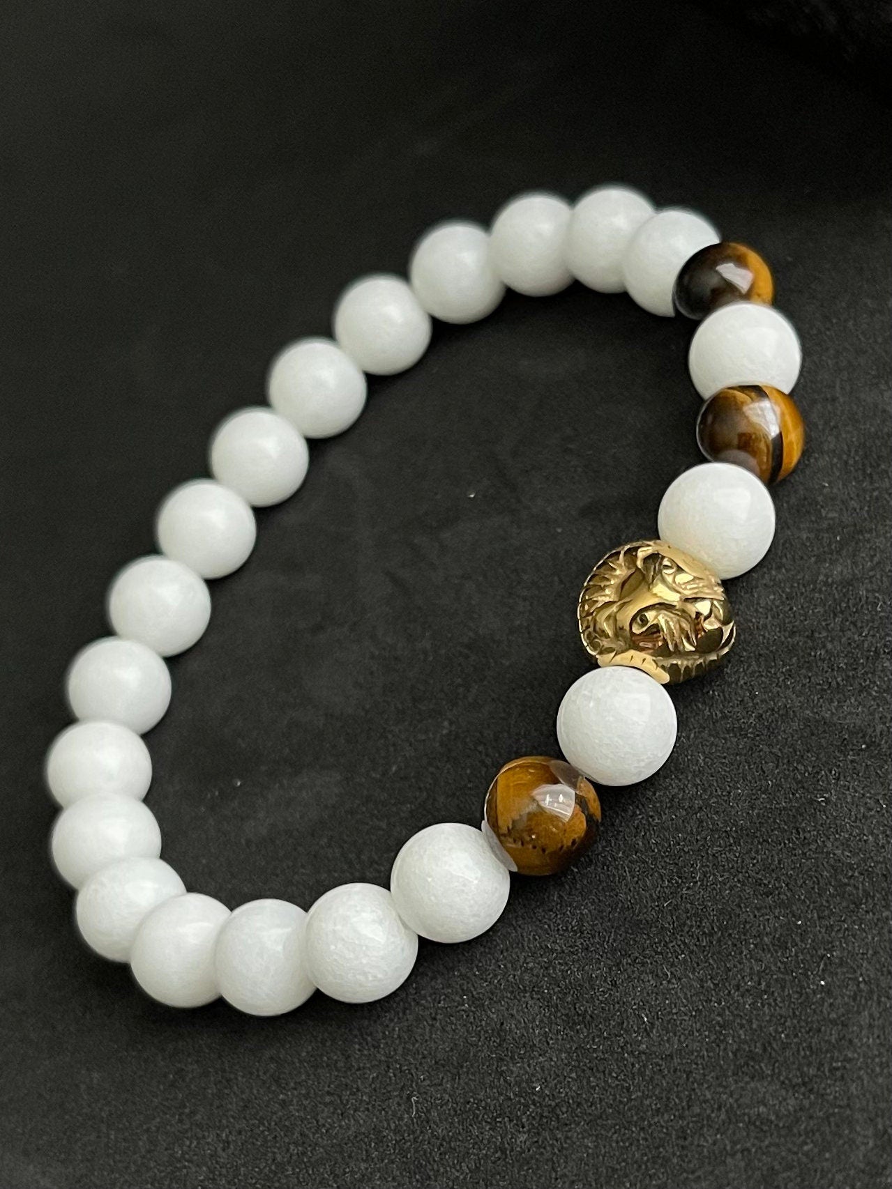 Unisex Beautiful Stainless steel Gold plated Lion - Tiger Eye with Malaysia white beads - Men’s - Woman