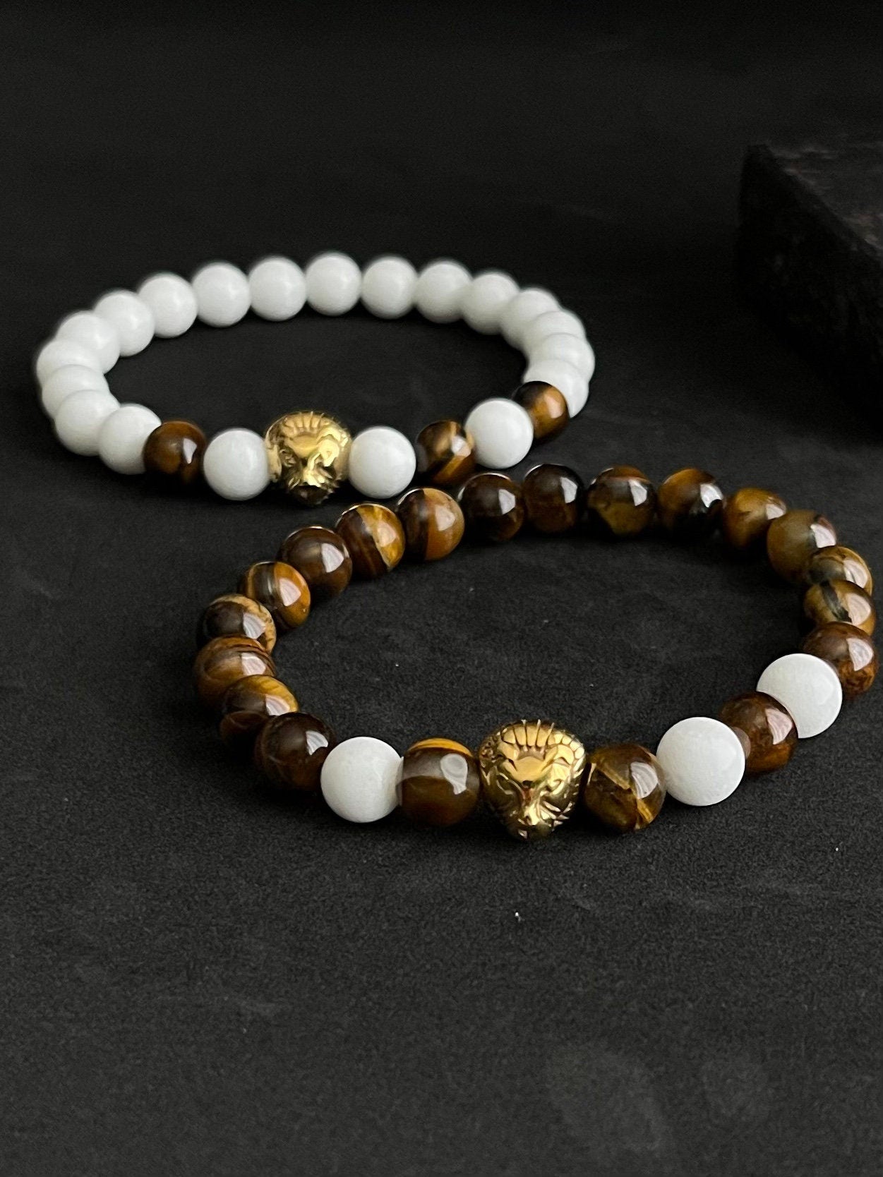 Unisex Beautiful Stainless steel Gold plated Lion - Tiger Eye with Malaysia white beads - Men’s - Woman