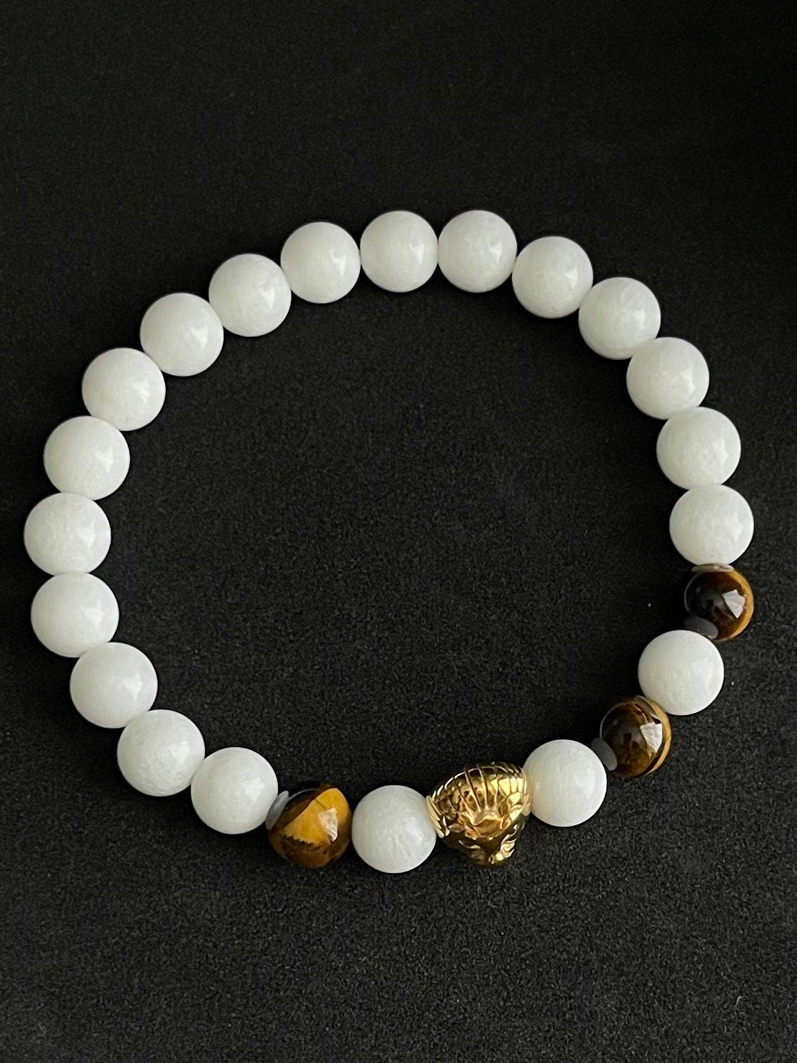 Unisex Beautiful Stainless steel Gold plated Lion - Tiger Eye with Malaysia white beads - Men’s - Woman