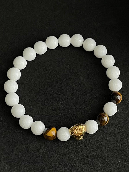 Unisex Beautiful Stainless steel Gold plated Lion - Tiger Eye with Malaysia white beads - Men’s - Woman