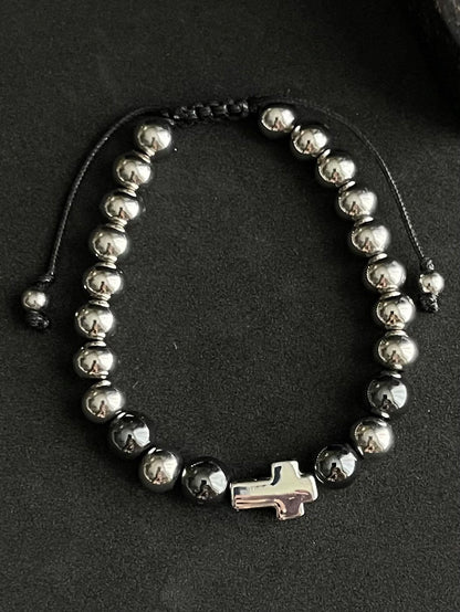 Unisex bracelet, stainless steel beads - Cross, Skull and hematite beats men’s women holiday gift